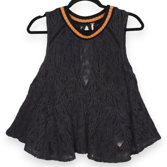 Free People Maise Lace Tank Top XS Black Sleeveless Ribbed Trim Keyhole Back - Picture 1 of 5